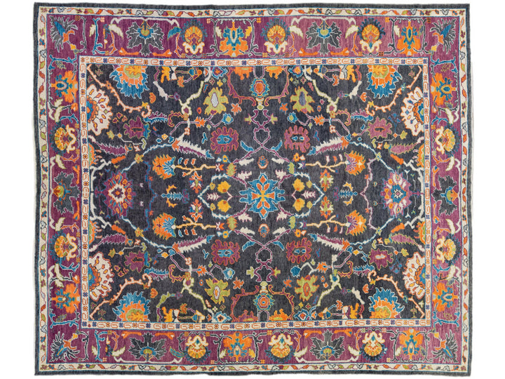 Modern Oushak Handmade Allover Floral Grey and Purple Wool Rug