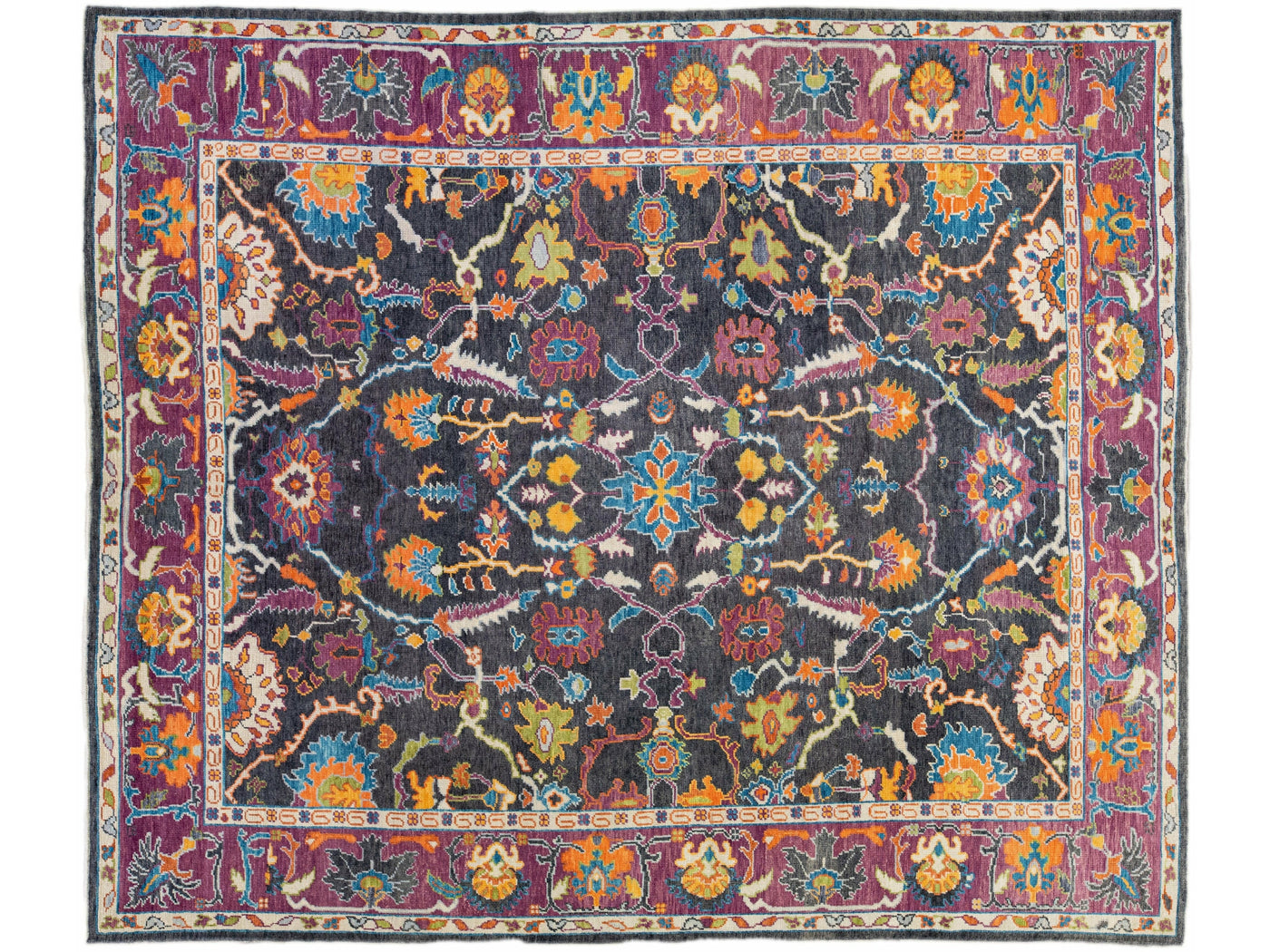 Modern Oushak Handmade Allover Floral Grey and Purple Wool Rug