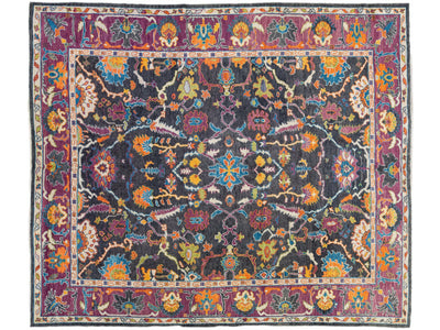 Modern Oushak Handmade Allover Floral Grey and Purple Wool Rug