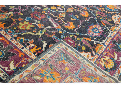 Modern Oushak Handmade Allover Floral Grey and Purple Wool Rug