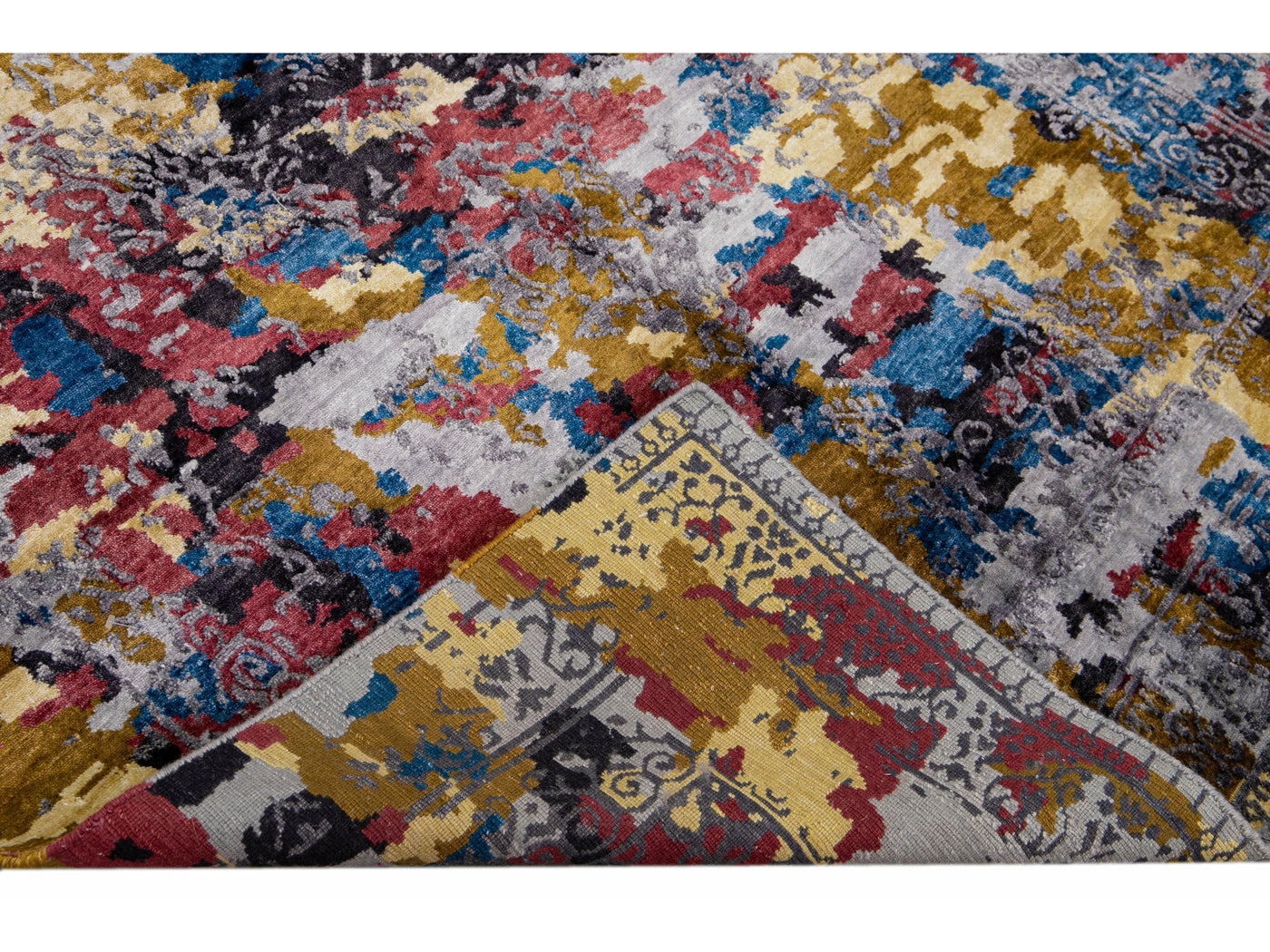 Modern Abstract Indian Handmade Multicolor Wool and Silk Rug