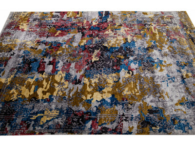Modern Abstract Indian Handmade Multicolor Wool and Silk Rug
