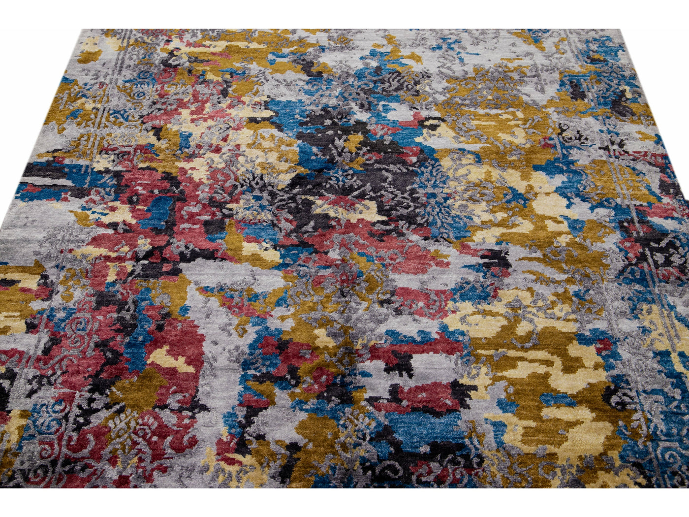 Modern Abstract Indian Handmade Multicolor Wool and Silk Rug