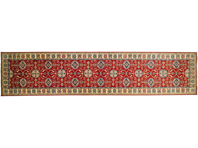 Red Modern Kazak Handmade Allover Designed Long Wool Rug