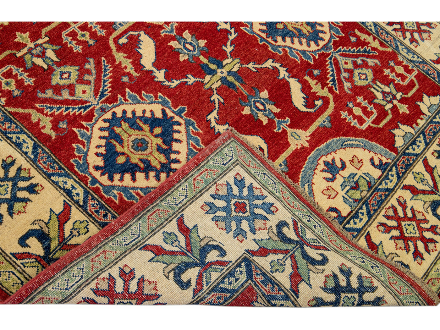 Red Modern Kazak Handmade Allover Designed Long Wool Rug