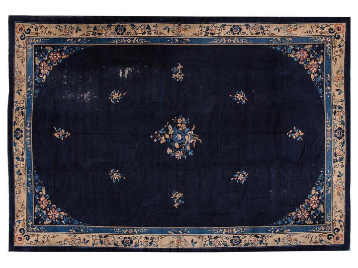 Antique Blue Chinese Art Deco Wool Rug 12 X 17