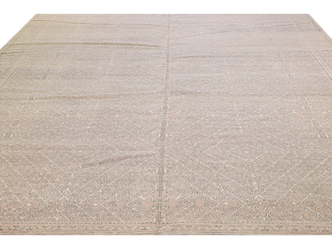 Contemporary Khotan Handmade Geometric  Light Pink Wool Rug
