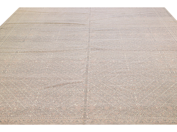 Contemporary Khotan Handmade Geometric  Light Pink Wool Rug