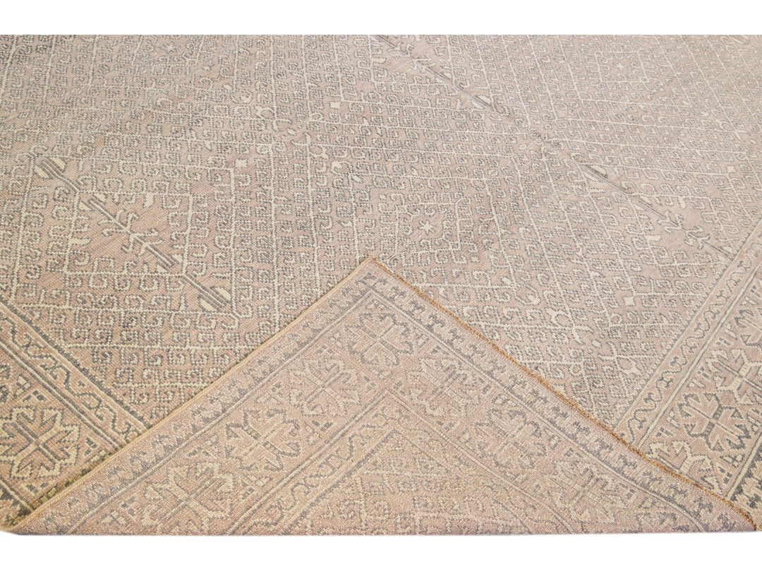 Contemporary Khotan Handmade Geometric  Light Pink Wool Rug