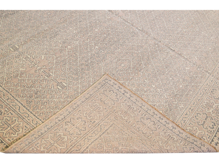 Contemporary Khotan Handmade Geometric  Light Pink Wool Rug