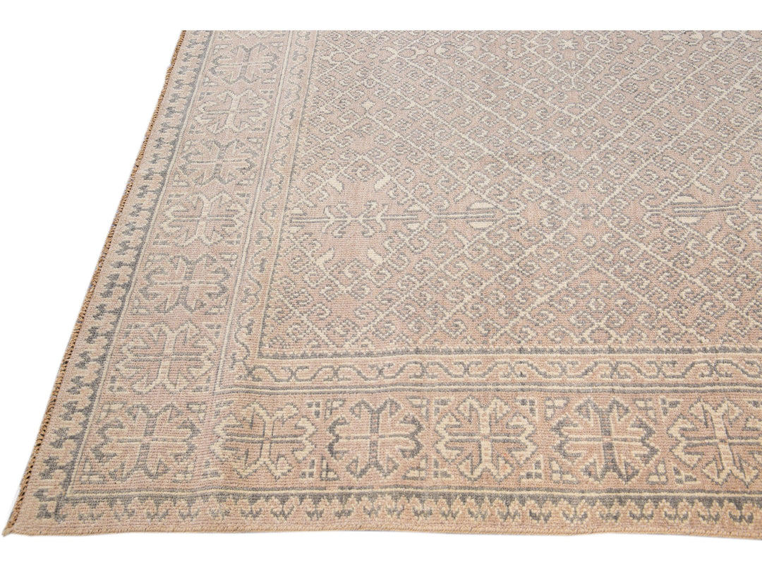 Contemporary Khotan Handmade Geometric  Light Pink Wool Rug