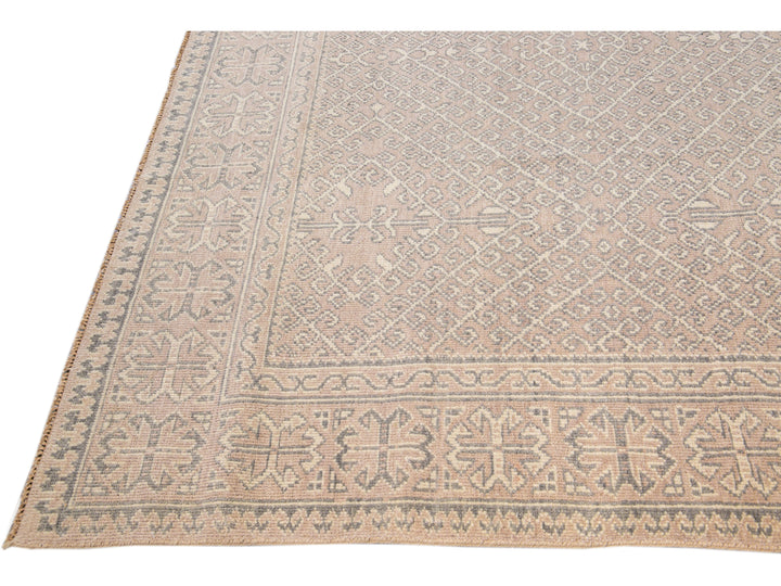 Contemporary Khotan Handmade Geometric  Light Pink Wool Rug