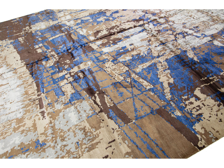 Modern Abstract Wool and Silk Rug 12 X 15