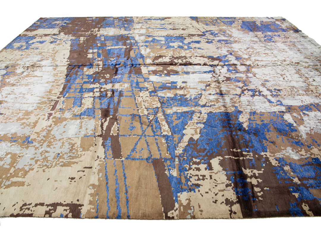 Modern Abstract Wool and Silk Rug 12 X 15