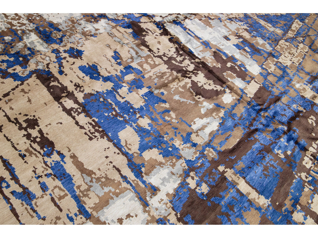 Modern Abstract Wool and Silk Rug 12 X 15