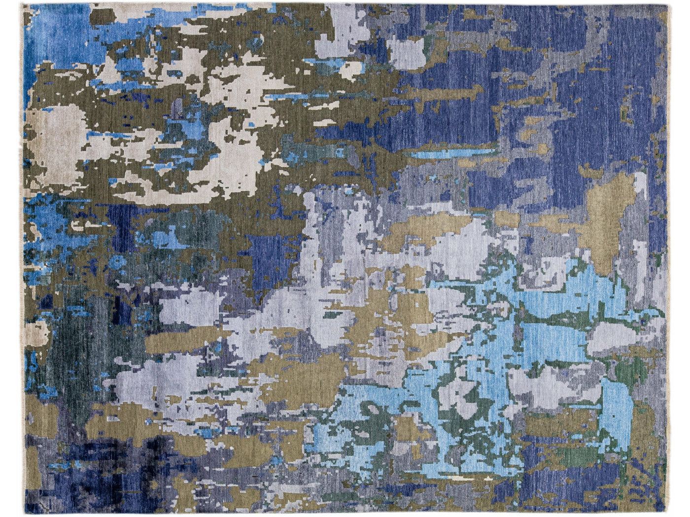 Modern Abstract Indian Handmade Blue Wool and Silk Rug