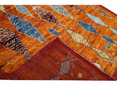 Orange Modern Moroccan Style Handmade Multicolor Tribal Wool Rug