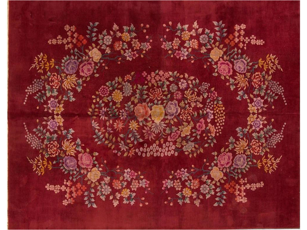 Antique Red Chinese Art Deco Rug  9 X 11