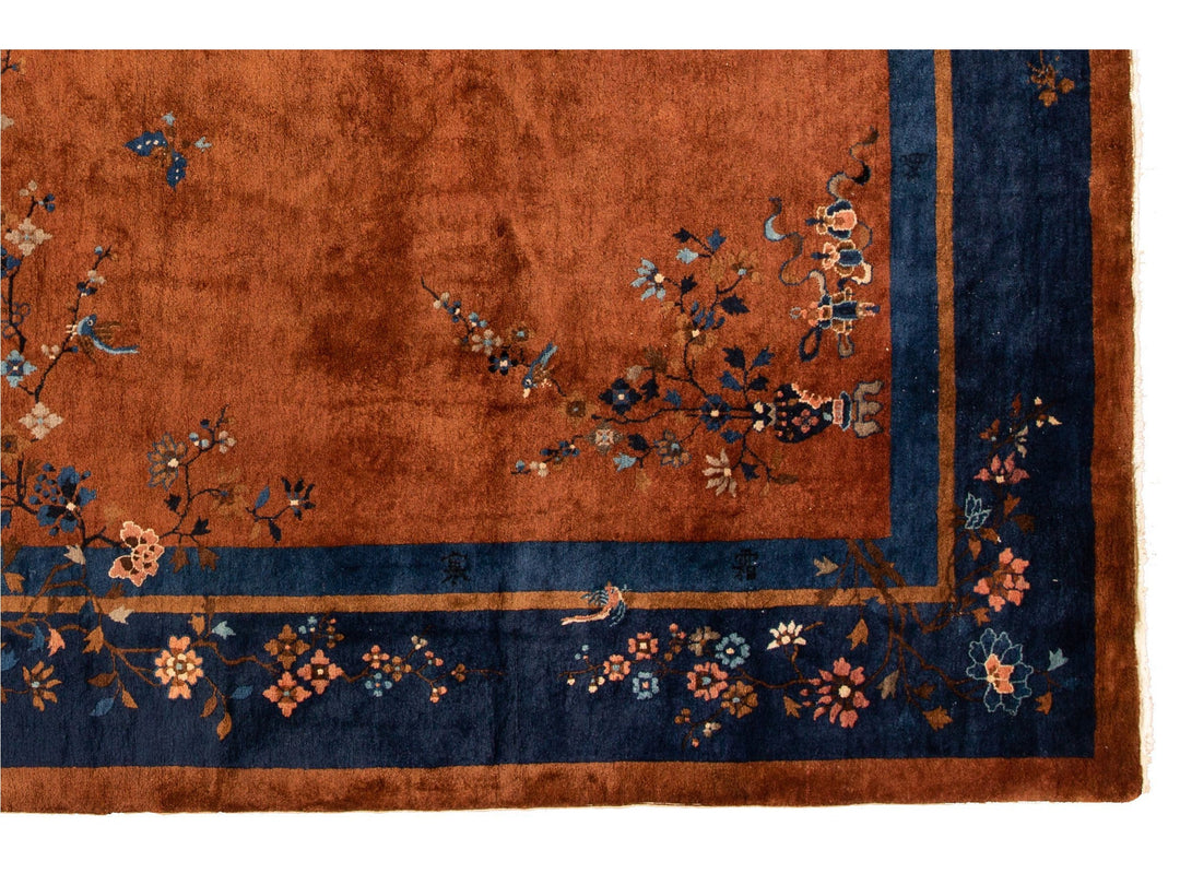 Antique Burnt Orange Chinese Wool Rug 9 X 12