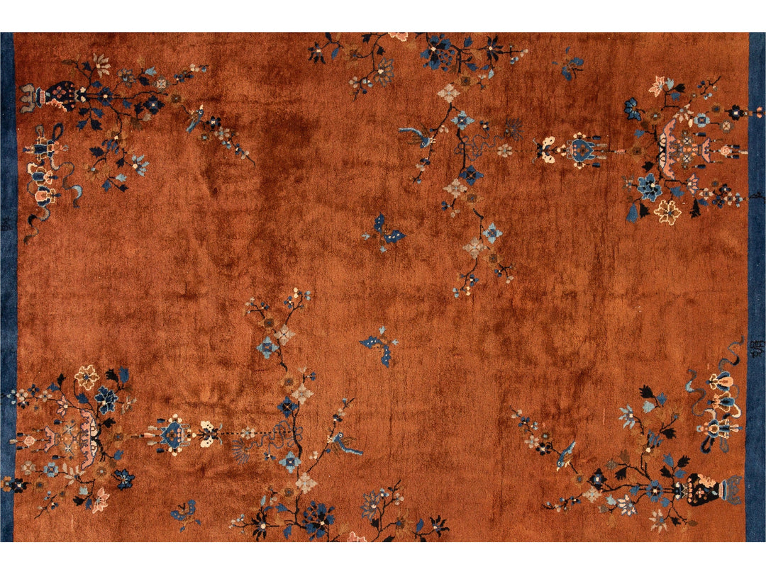 Antique Burnt Orange Chinese Wool Rug 9 X 12