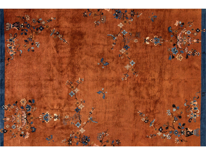 Antique Burnt Orange Chinese Wool Rug 9 X 12