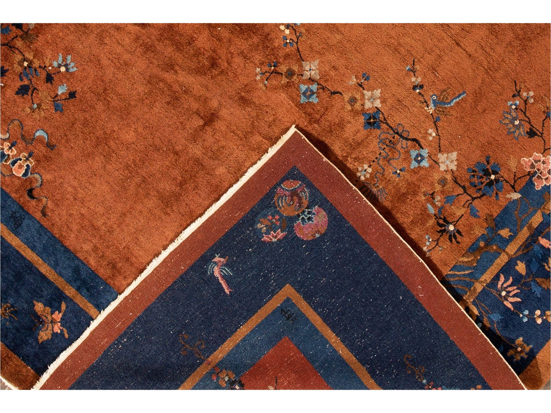 Antique Burnt Orange Chinese Wool Rug 9 X 12