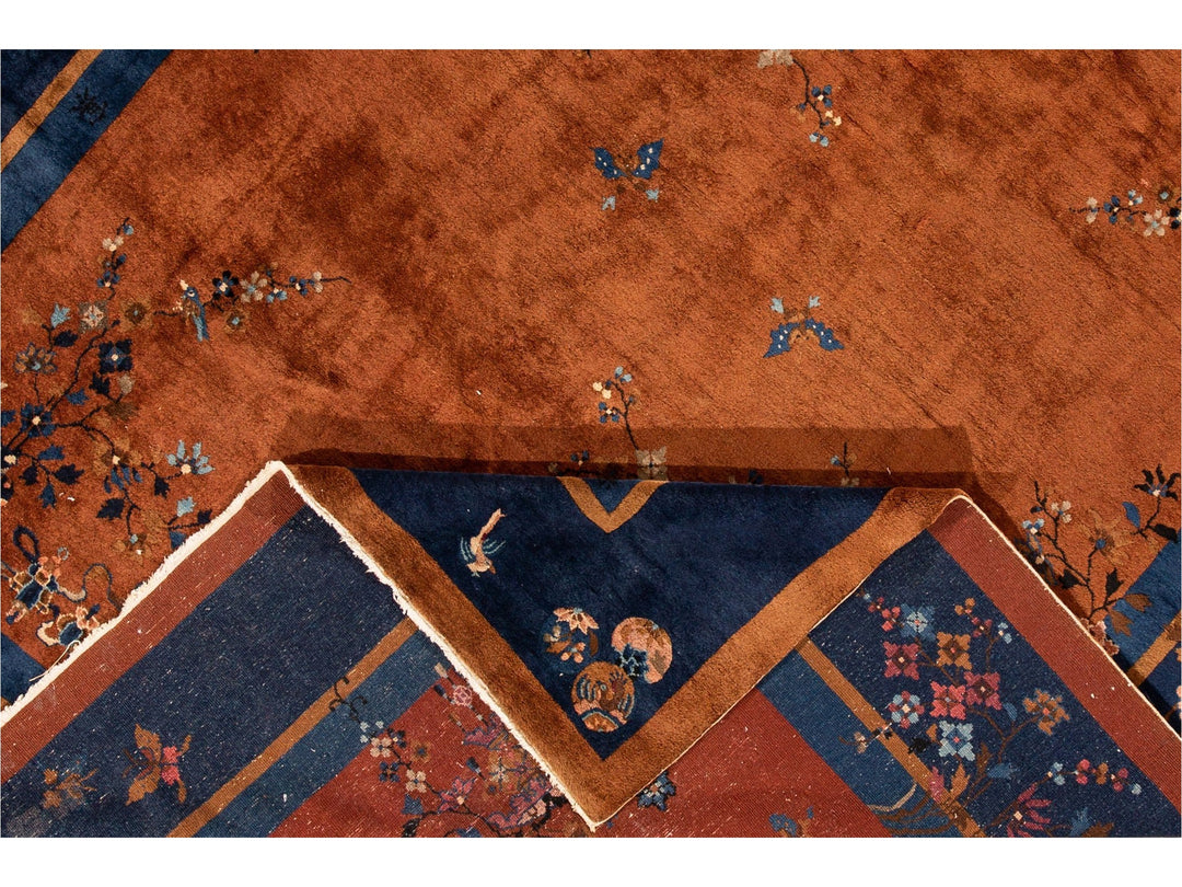 Antique Burnt Orange Chinese Wool Rug 9 X 12