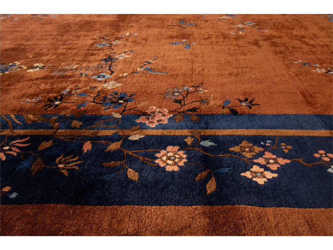 Antique Burnt Orange Chinese Wool Rug 9 X 12