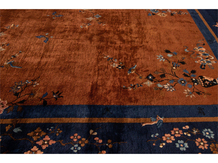 Antique Burnt Orange Chinese Wool Rug 9 X 12