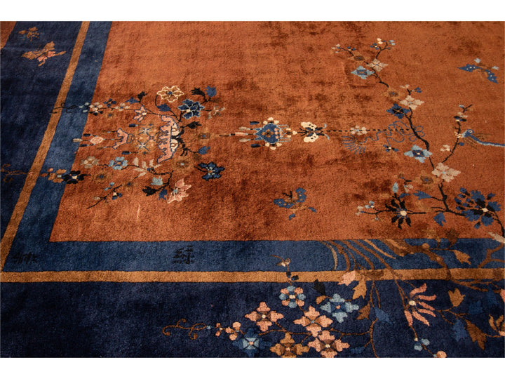 Antique Burnt Orange Chinese Wool Rug 9 X 12