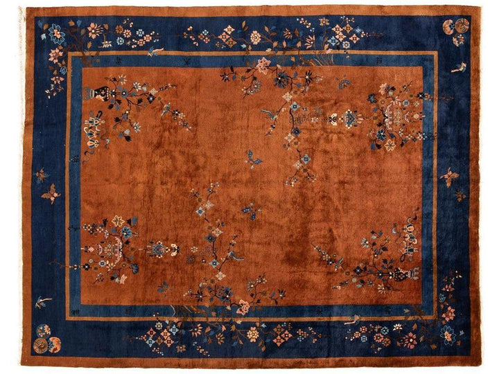 Antique Burnt Orange Chinese Wool Rug 9 X 12