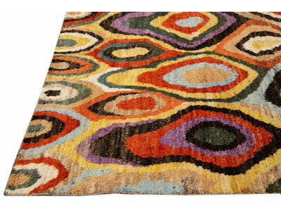Beige Modern Moroccan Style Handmade Multicolor Abstract Motif Wool Rug