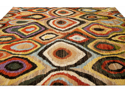Beige Modern Moroccan Style Handmade Multicolor Abstract Motif Wool Rug