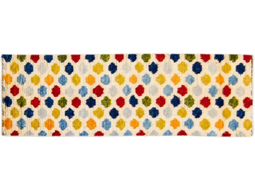 Ivory Modern Moroccan Style Handmade Multicolor Dots Designed Wool Runner