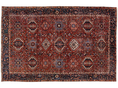 Red Antique Persian Heriz Handmade Allover Geometric Wool Rug