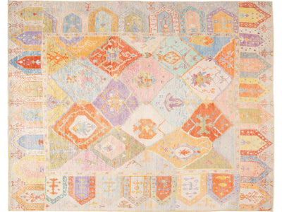 Modern Oushak Handmade Multicolor Geometric Designed Wool Rug