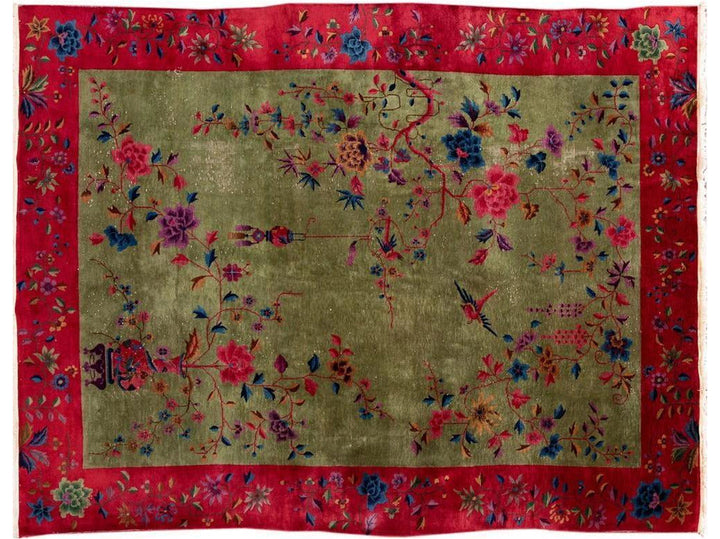 Antique Green Art Deco Chinese Wool Rug 9 X 11