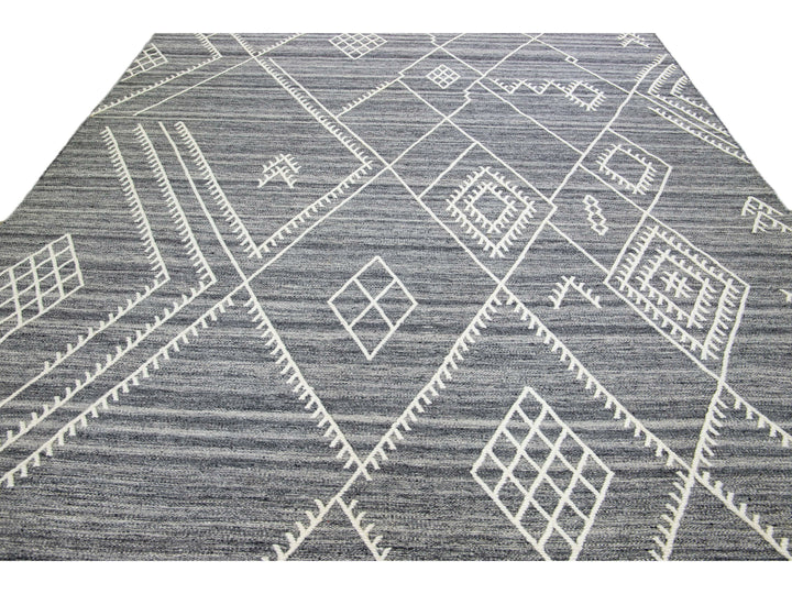 Apadana's Nantucket Collection Flatweave Kilim Coastal Designed Gray Wool Rug