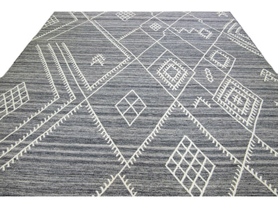 Apadana's Nantucket Collection Flatweave Kilim Coastal Designed Gray Wool Rug