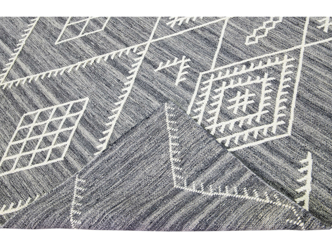 Apadana's Nantucket Collection Flatweave Kilim Coastal Designed Gray Wool Rug