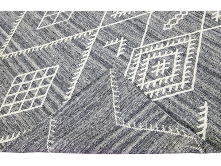 Apadana's Nantucket Collection Flatweave Kilim Coastal Designed Gray Wool Rug
