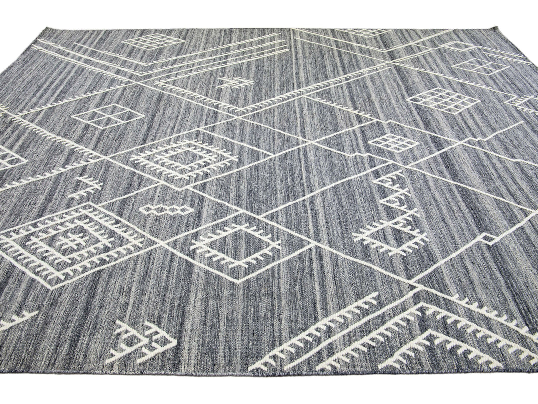 Apadana's Nantucket Collection Flatweave Kilim Coastal Designed Gray Wool Rug