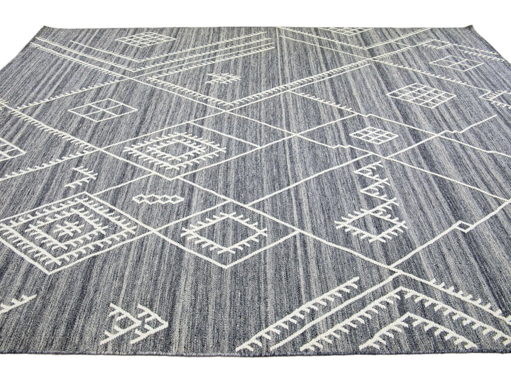 Apadana's Nantucket Collection Flatweave Kilim Coastal Designed Gray Wool Rug