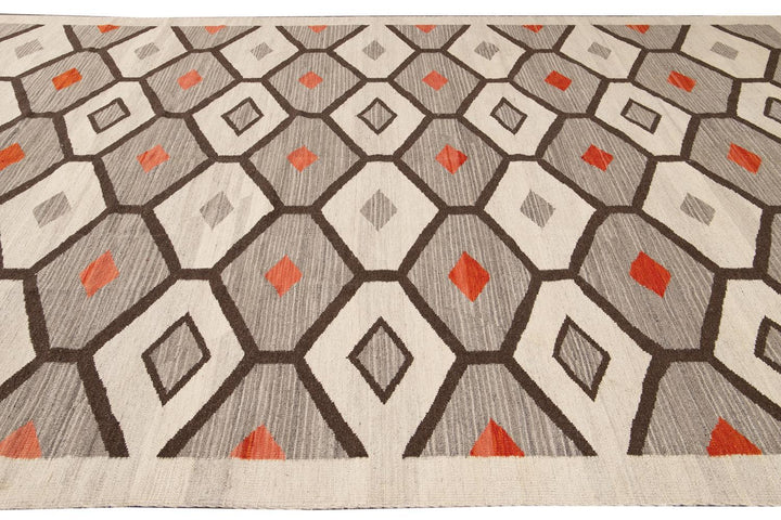 Modern Flat-Weave Navajo Wool Rug 10 X 14