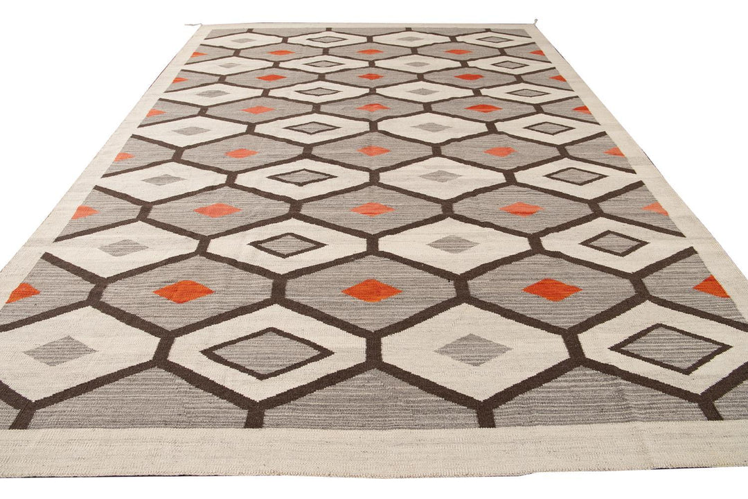 Modern Flat-Weave Navajo Wool Rug 10 X 14