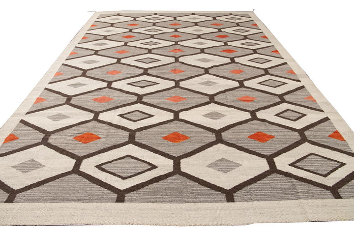 Modern Flat-Weave Navajo Wool Rug 10 X 14