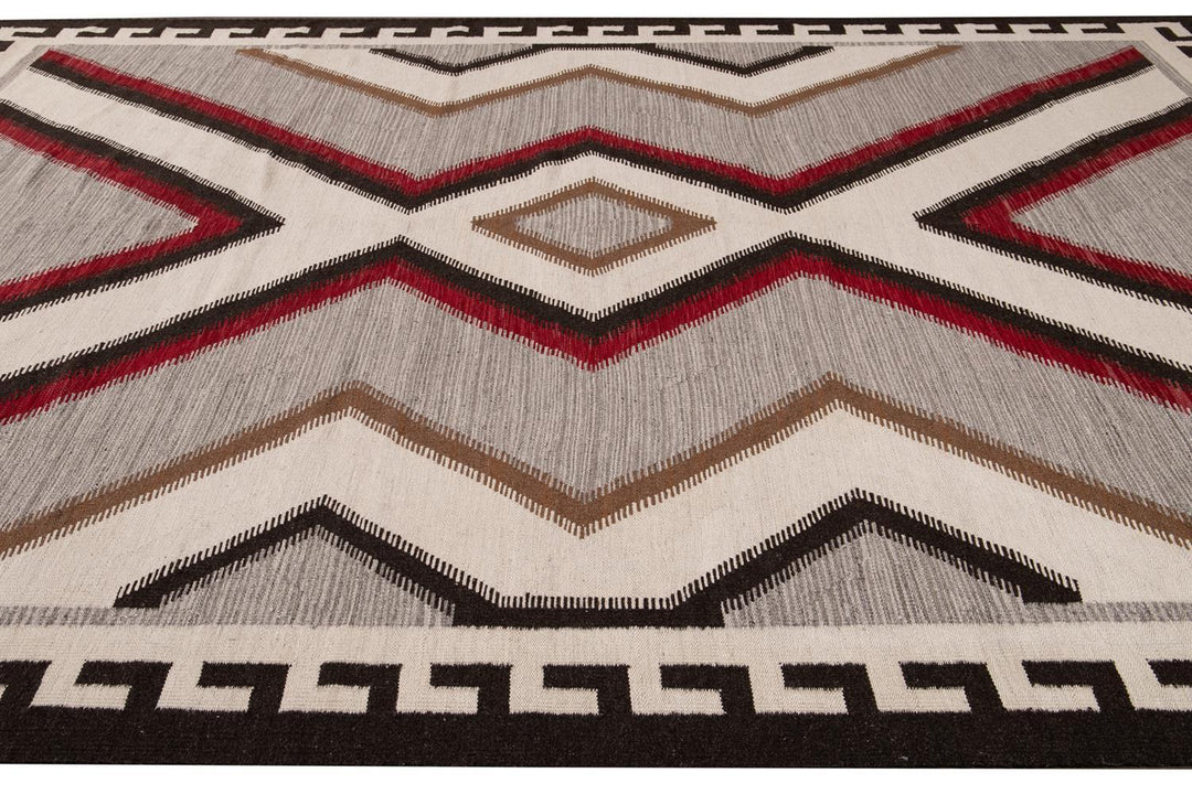 Modern Flat-Weave Navajo Wool Rug 10 X 14