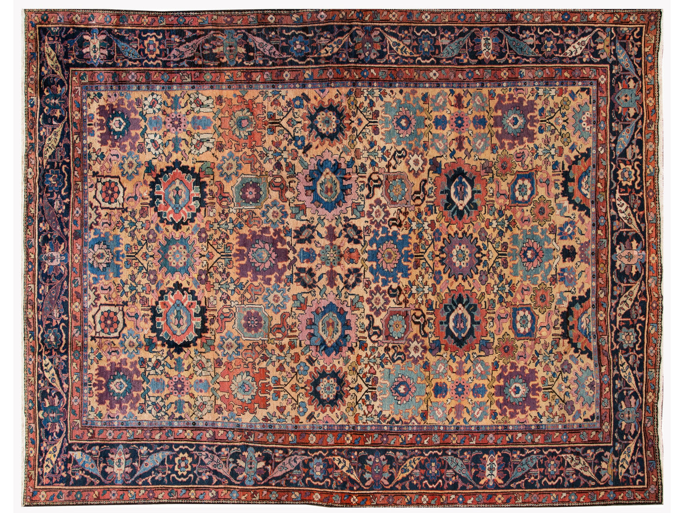 Antique Mahal Handmade Tan Wool Rug With Multicolor Floral Design