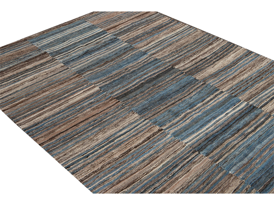 Modern Striped Flat-Weave Wool Rug 5 X 6