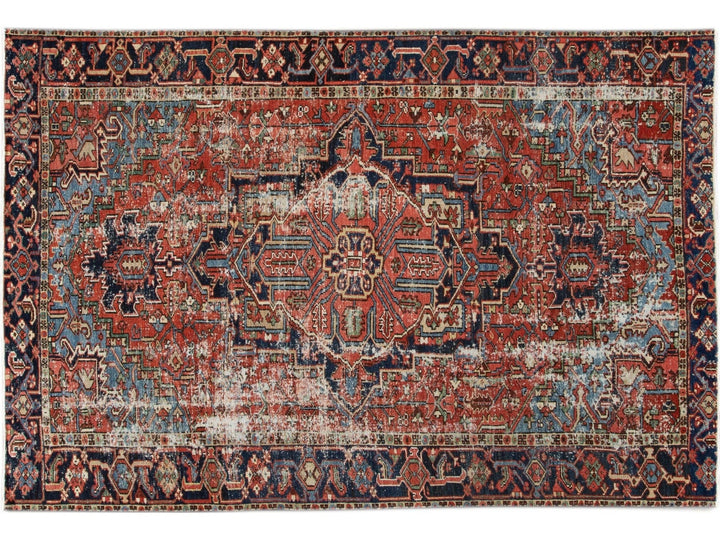 Red Antique Persian Heriz Handmade Wool Rug With Medallion Design